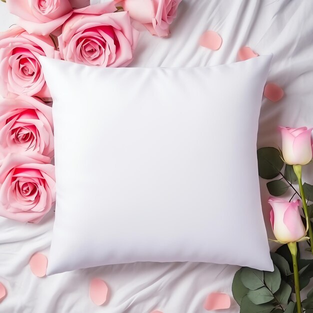 ein weißes Kissen und rosa Rosen auf einem Bett