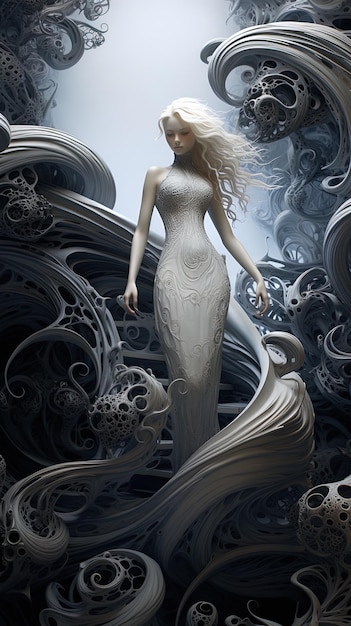ein weißes Kleid mit langen Haaren wird in einem Bild gezeigt