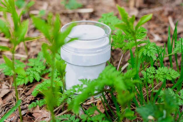 Ein weißes Kosmetikglas inmitten des jungen Grüns auf dem Boden im Wald