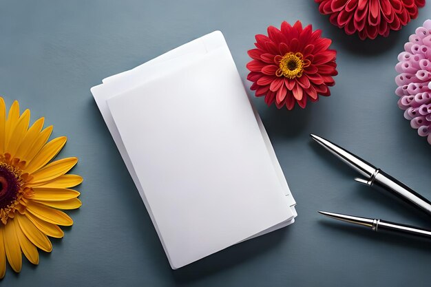 Ein weißes Notizbuch mit einer roten Blume darauf und einer roten Blume oben.