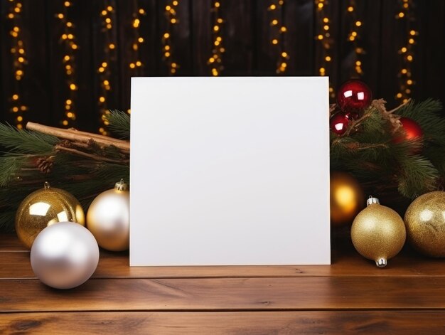 Ein weißes Papier und Weihnachtsschmuck auf einem Tischhintergrundfoto