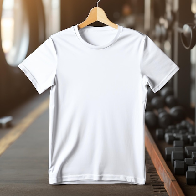 Ein weißes Pfeif-T-Shirt auf einem Hänger im Fitnessstudio Sport-T-shirt-Mockup