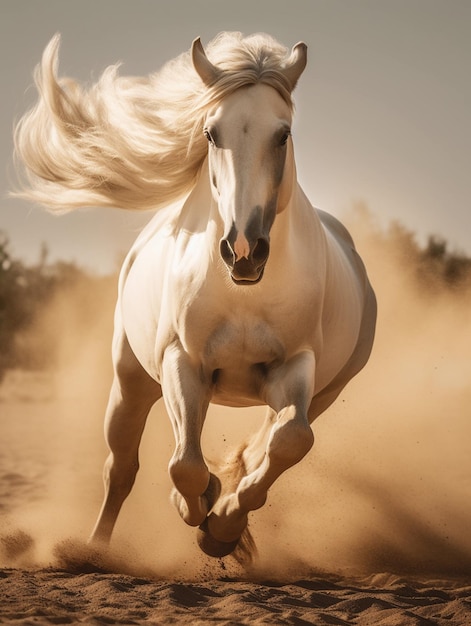 Ein weißes Pferd läuft durch den Sand mit dem Wort Pferd auf der Vorderseite.