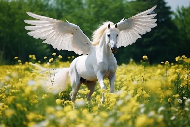 ein weißes Pferd mit ausgebreiteten Flügeln in einem Feld voller gelber Blumen