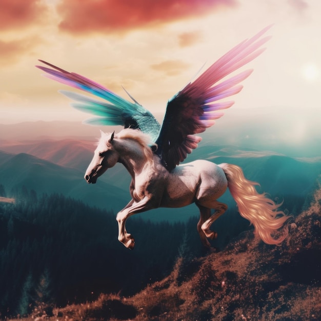 Ein weißes Pferd mit Flügeln, das über einen Berg fliegt. Generatives KI-Bild