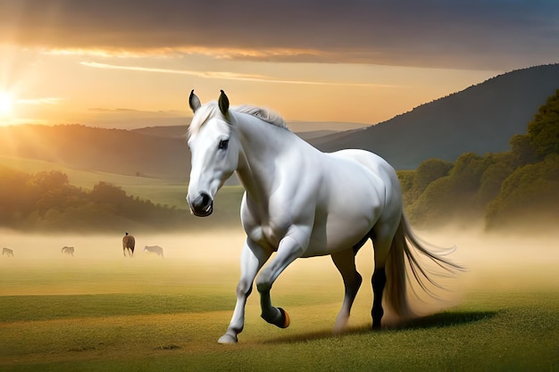 Ein weißes Pferd rennt auf einem Feld mit Bergen im Hintergrund.