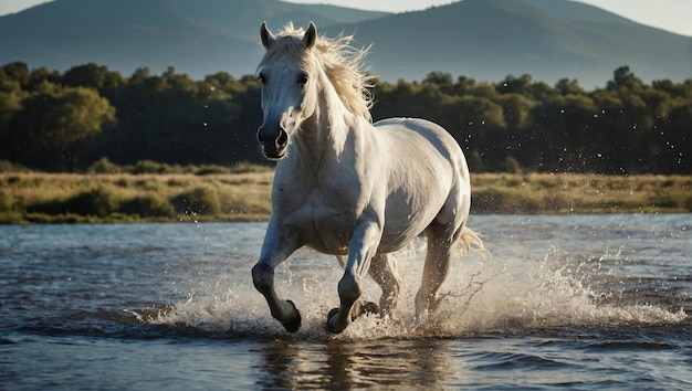 ein weißes Pferd rennt durch einen See mit einem Berg im Hintergrund