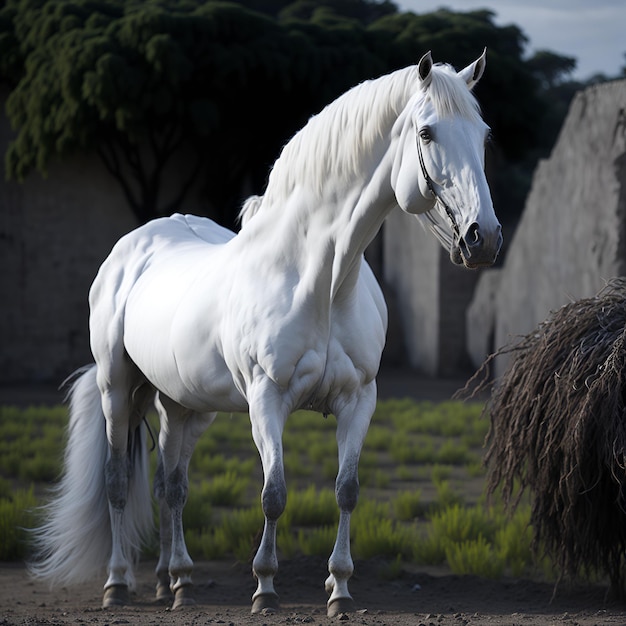 Ein weißes Pferd steht vor einer Steinmauer.