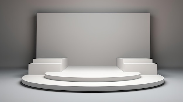 ein weißes Podium mit einem weißen Sitz, auf dem „“ steht.