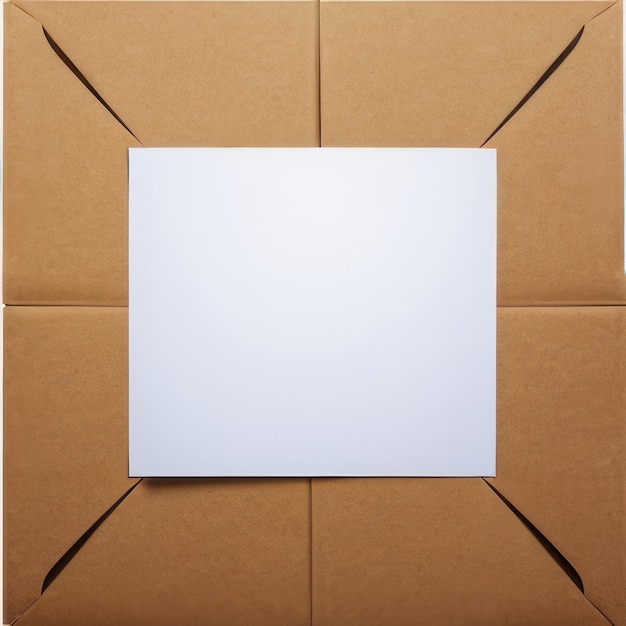 Ein weißes quadratisches Stück Papier liegt in einer braunen Schachtel.