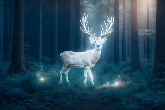 Ein weißes Reh in einem Wald mit Lichtern darauf