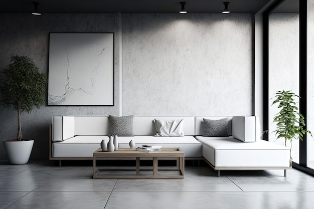 Ein weißes Sofa und ein Holztisch stehen vor einer Betonwand