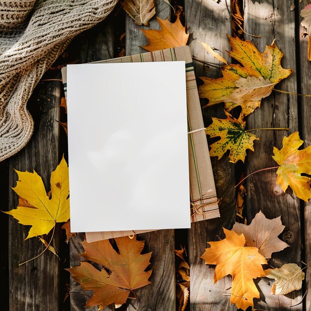 Foto ein weißes stück papier sitzt auf einem holztisch mit einem haufen herbstblätter