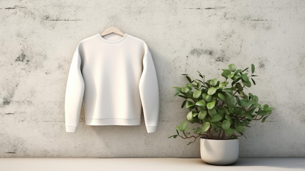 Ein weißes Sweatshirt hängt an einer Wand neben einer Topfpflanze