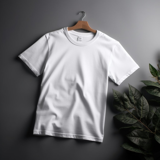 Ein weißes T-Shirt hängt auf einem Holzbügel neben einer Pflanze.