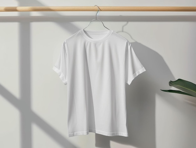 ein weißes T-Shirt hängt auf einem Regal