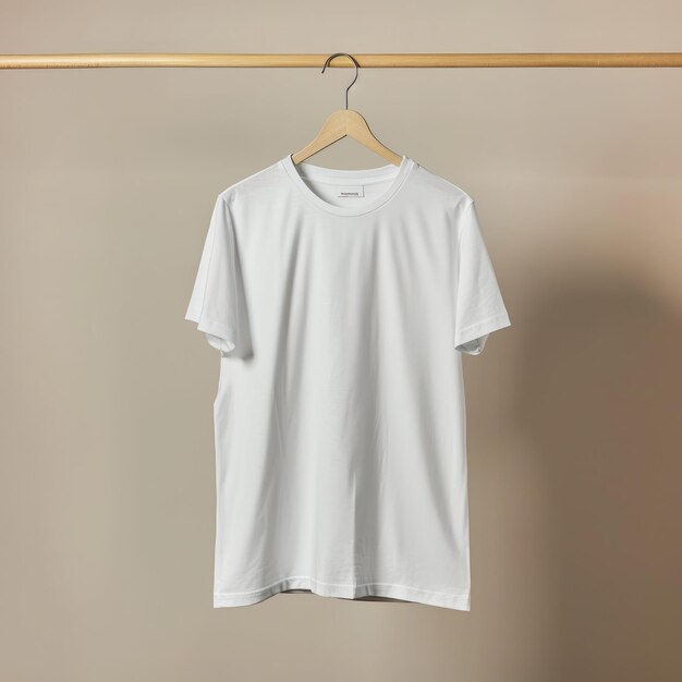 ein weißes T-Shirt hängt auf einem Regal