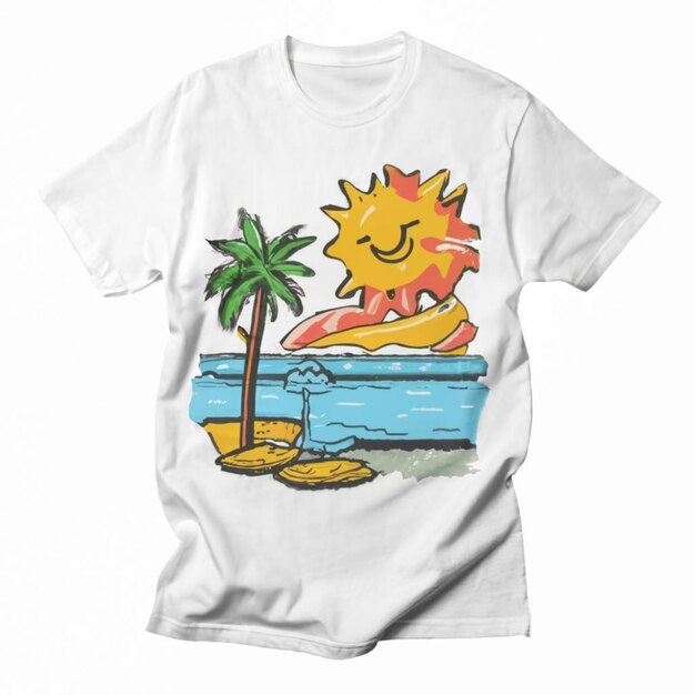 ein weißes T-Shirt mit einer Sonne darauf und einer Palme auf der Vorderseite