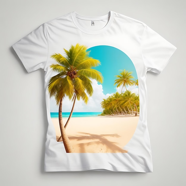 ein weißes T-Shirt-Modell mit einem Sommerurlaubsthema, das Strandszenen und Palmen enthält