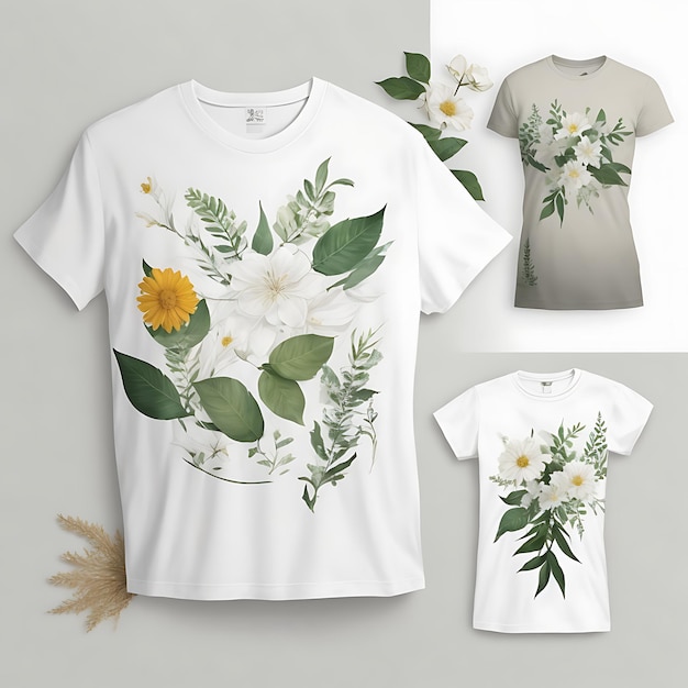 ein weißes T-Shirt-Modell mit einem von der Natur inspirierten Thema, das Elemente wie Blätter enthält