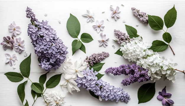 Ein weißes und lila lila Blumenarrangement mit grünen Blättern auf weißem Hintergrund.