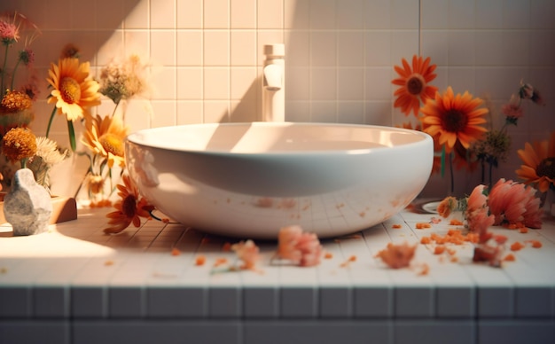 Ein weißes Waschbecken mit Blumen darauf neben einer bunten Fliese