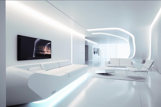 Ein weißes Zimmer mit einem Fernseher an der Wand und einer Couch mit einer weißen Couch und einem Fernseher darauf.