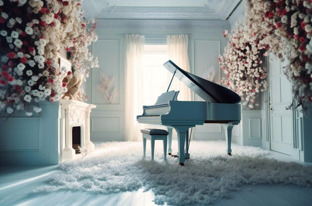 ein weißes Zimmer mit einem Klavier und weißen Bäumen