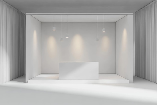 ein weißes Zimmer mit einem weißen Tisch und Lichtern, die von der Decke hängen