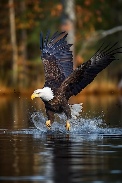 Foto ein weißkopfseeadler landet auf dem wasser