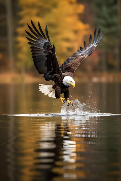 Ein Weißkopfseeadler landet mit einem Fisch in seinen Krallen auf einem See.