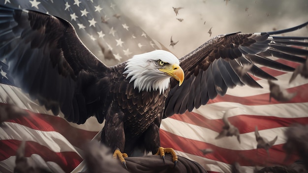 Ein Weißkopfseeadler mit der amerikanischen Flagge dahinter