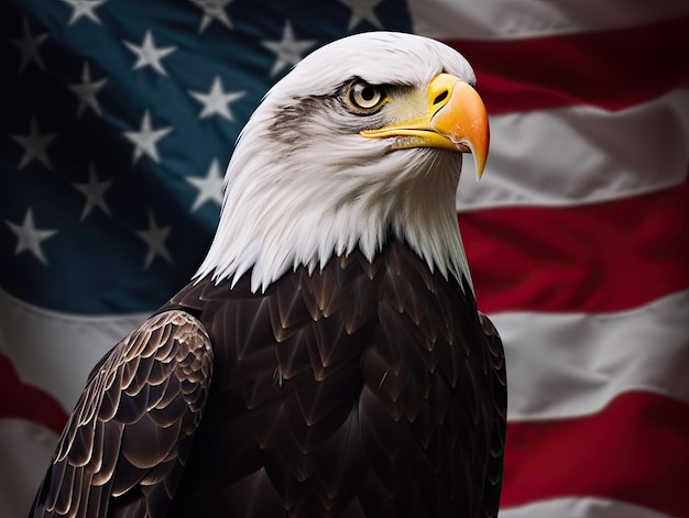 Ein Weißkopfseeadler mit einer USA-Flagge im Hintergrund