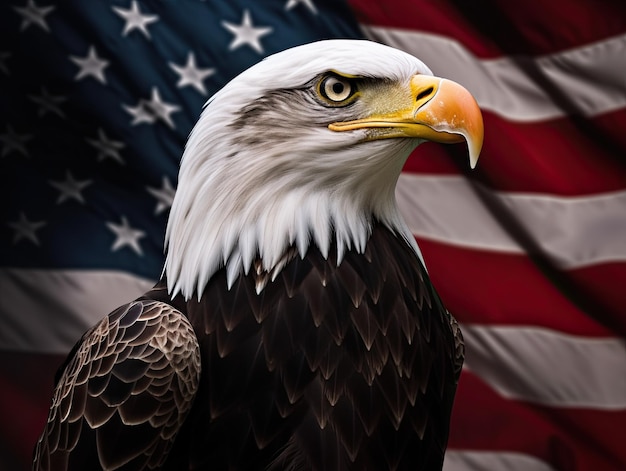 Ein Weißkopfseeadler mit einer USA-Flagge im Hintergrund