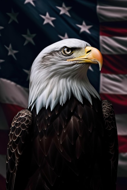 Ein Weißkopfseeadler mit einer USA-Flagge im Hintergrund