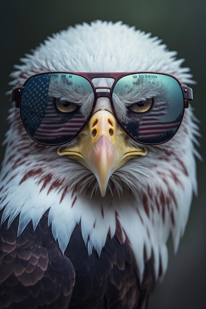 Ein Weißkopfseeadler mit Sonnenbrille und einer Flagge mit der Aufschrift „Adler“