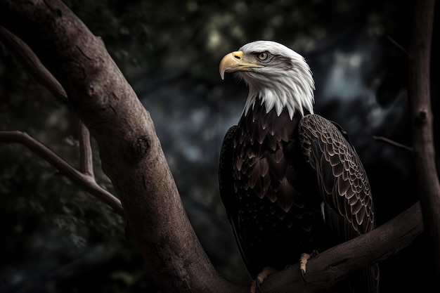 Ein Weißkopfseeadler sitzt auf einem Ast in einem Wald.