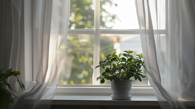 Ein weit geöffnetes Fenster mit einem Dampfvorhang auf der einen Seite und einer grünen Blume in einem Topf darunter