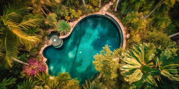 Ein weitläufiger Garten, der einen funkelnden Infinity-Pool umgibt, ist eine luxuriöse Oase, die Entspannung und Eleganz ausstrahlt