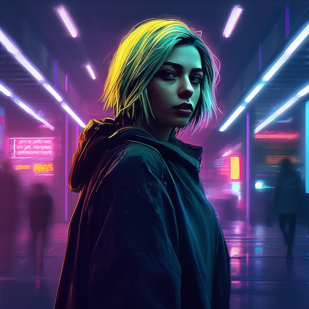 Ein Weitwinkelfoto eines blonden Cyberpunk-Mädchens ohne leuchtende blaue Augen in einer Neonstadt