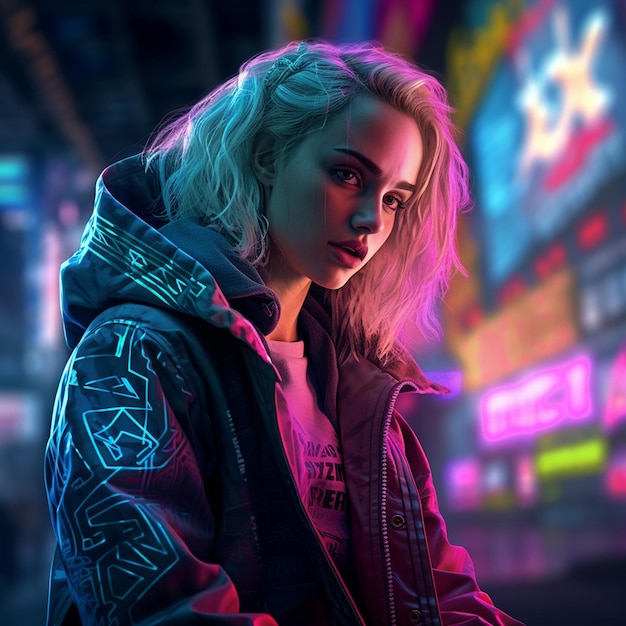 Ein Weitwinkelfoto eines blonden Cyberpunk-Mädchens ohne leuchtende blaue Augen in einer Neonstadt