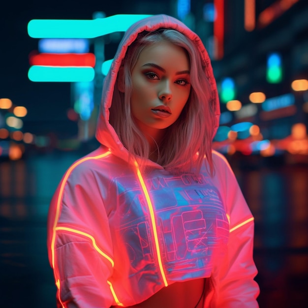 Ein Weitwinkelfoto eines blonden Cyberpunk-Mädchens ohne leuchtende blaue Augen in einer Neonstadt