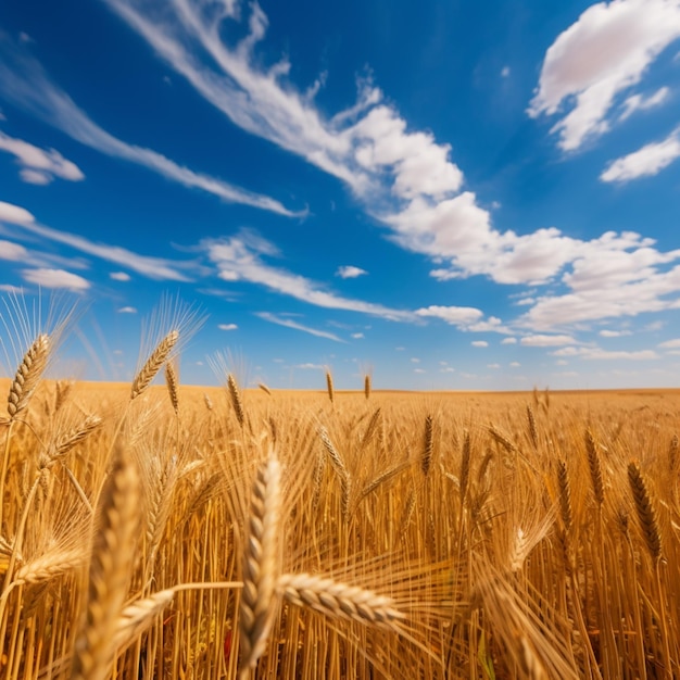 Ein Weizenfeld mit blauem Himmel und Wolken