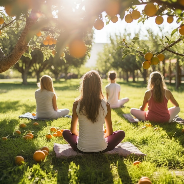 Ein Wellness-Retreat für Kinder und Erwachsene, die inmitten von Obstbäumen Yoga praktizieren