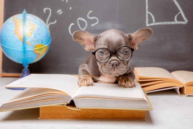 Ein Welpe der französischen Bulldogge auf dem Hintergrund einer Tafel mit Brille und Büchern