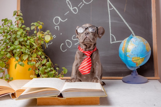 Ein Welpe der französischen Bulldogge auf dem Hintergrund einer Tafel mit Brille und Büchern