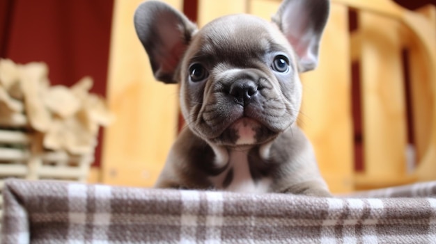 Ein Welpe einer französischen Bulldogge mit einer karierten Decke darauf