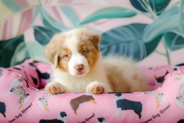 Ein Welpe in einem rosa Hundebett