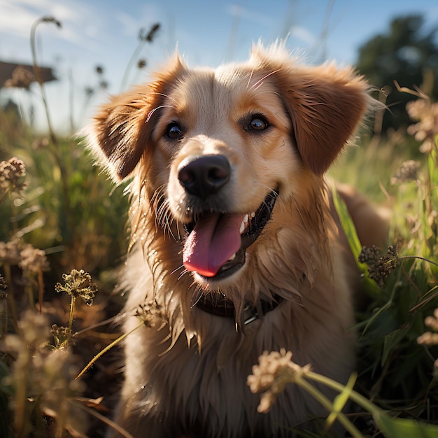 Ein Welpe ist glücklich im Gras