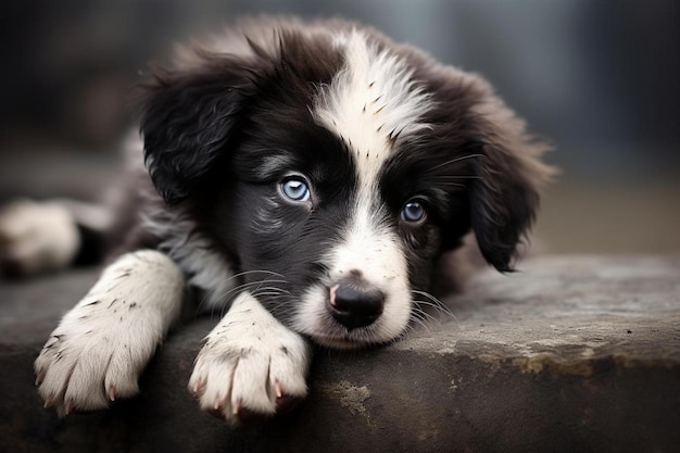 Foto ein welpe mit blauen augen, der auf einer steinoberfläche liegt